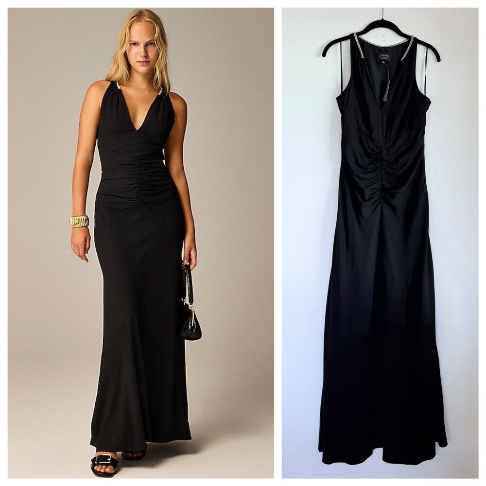 NWT J.Crew Collection Women's Black Full Length Embellished Ruched Dress Size 2